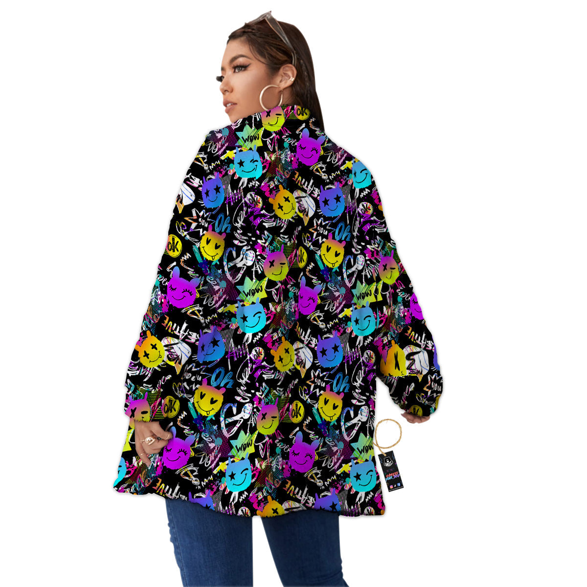 Graffiti Colorful Emoji Faces Print Pattern Women's Sherpa Jacket-grizzshop