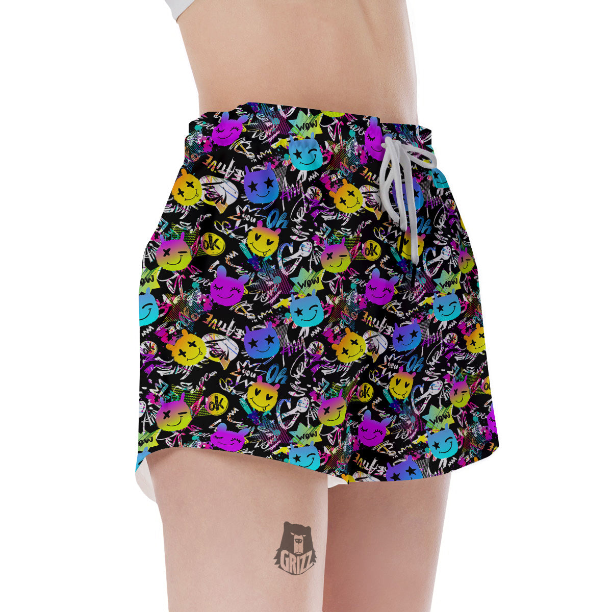 Graffiti Colorful Emoji Faces Print Pattern Women's Shorts-grizzshop