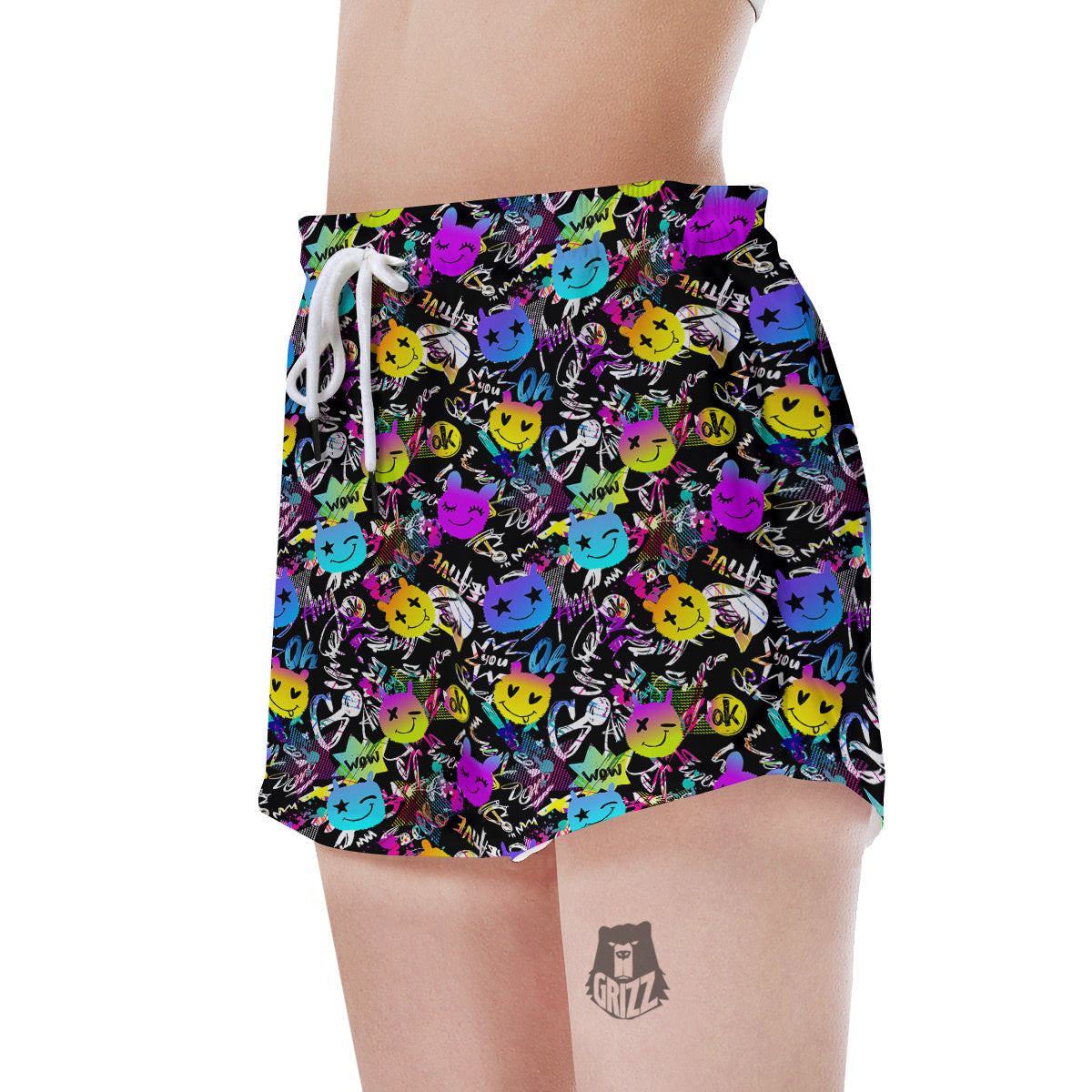 Graffiti Colorful Emoji Faces Print Pattern Women's Shorts-grizzshop