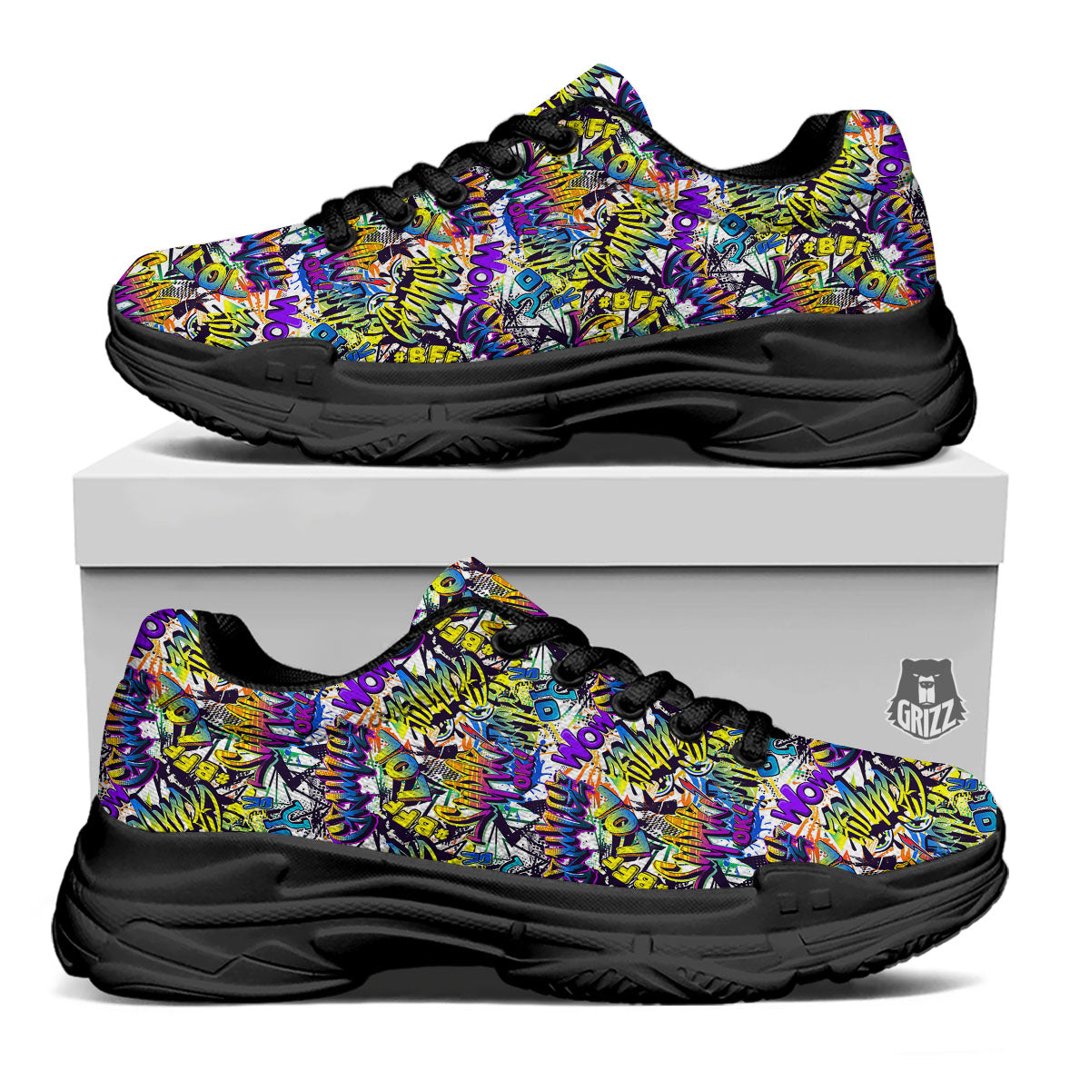 Graffiti Colorful Print Pattern Black Chunky Shoes-grizzshop