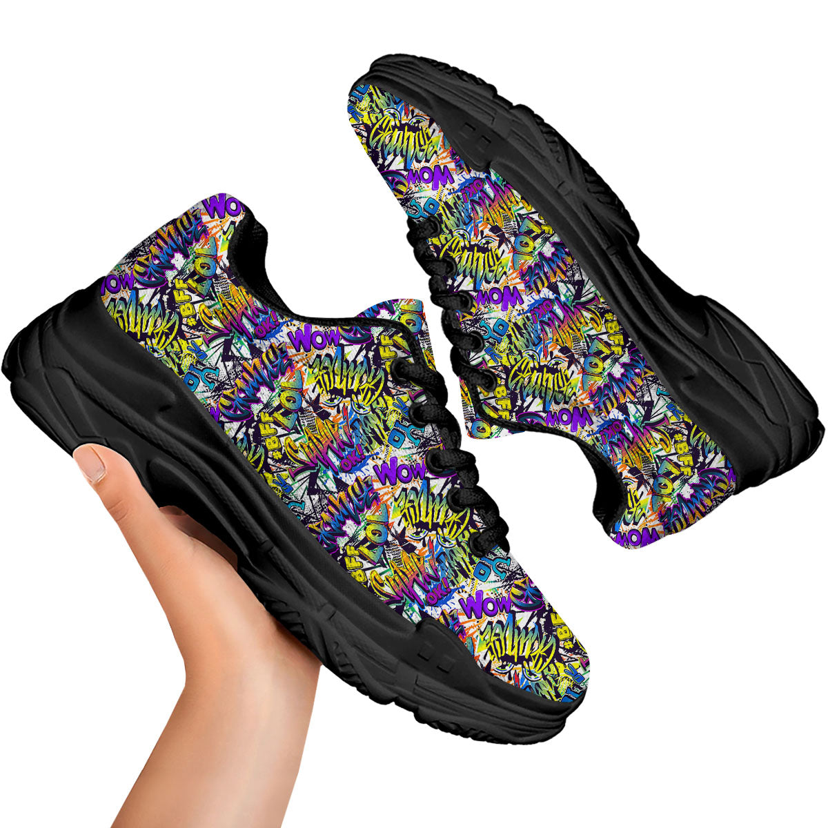 Graffiti Colorful Print Pattern Black Chunky Shoes-grizzshop