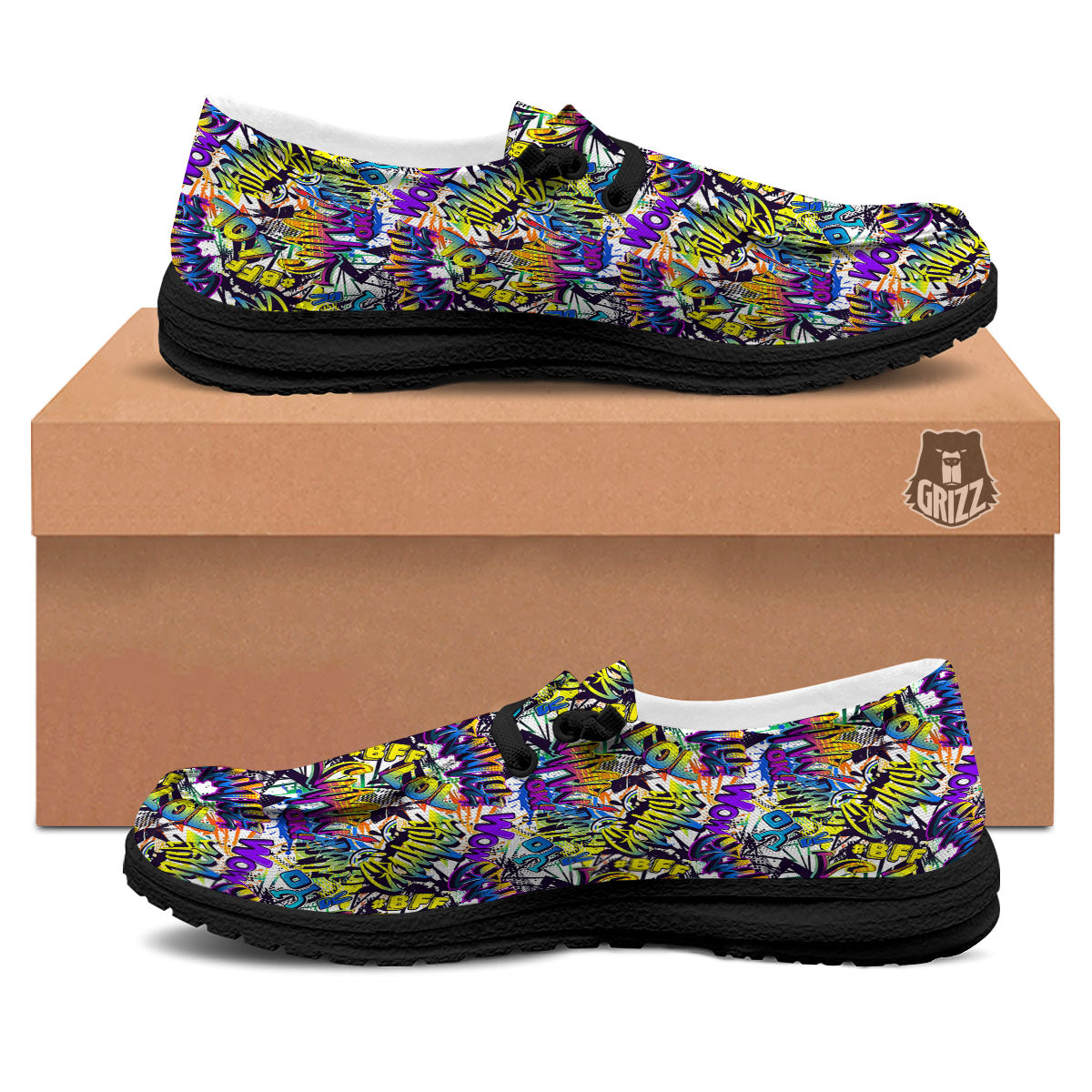 Graffiti Colorful Print Pattern Black Loafers-grizzshop