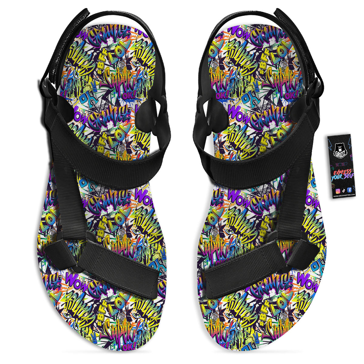 Graffiti Colorful Print Pattern Black Open Toe Sandals-grizzshop