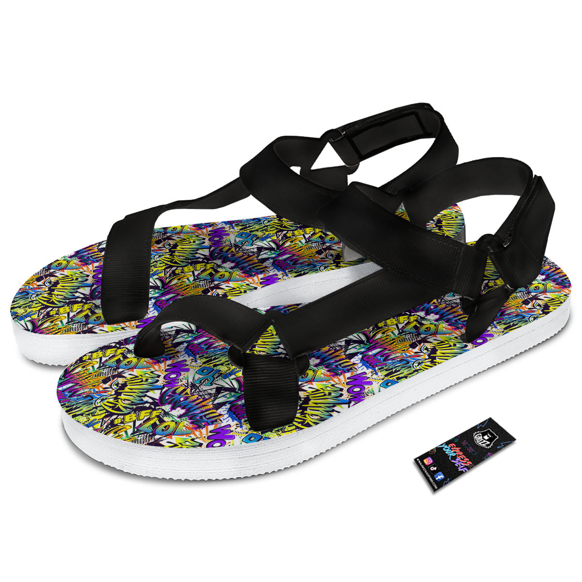 Graffiti Colorful Print Pattern Black Open Toe Sandals-grizzshop