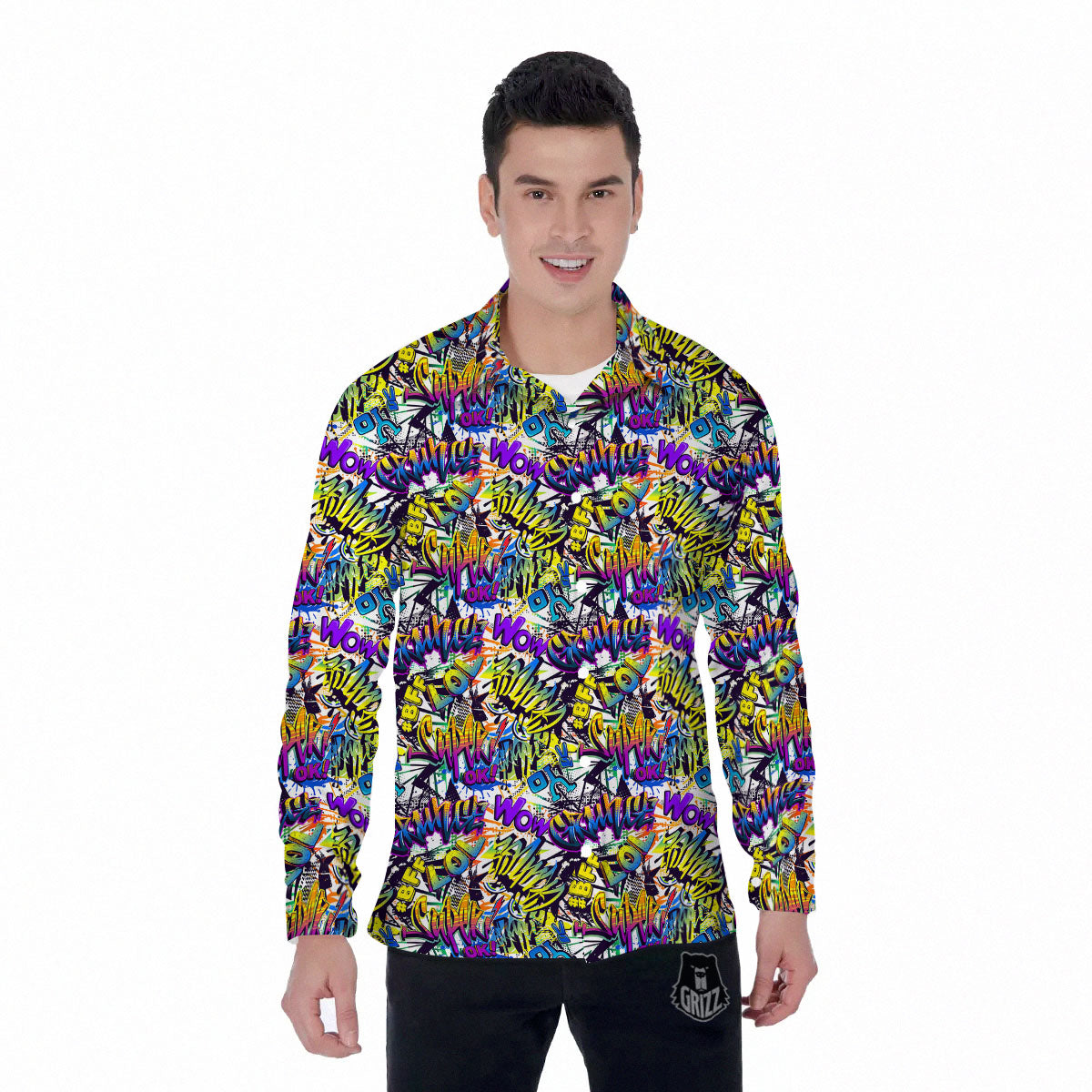 Graffiti Colorful Print Pattern Men's Long Sleeve Shirts-grizzshop