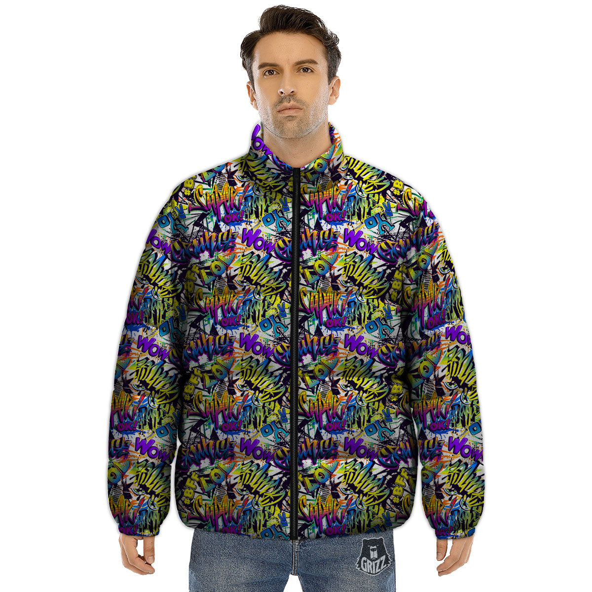 Graffiti Colorful Print Pattern Puffer Jacket-grizzshop