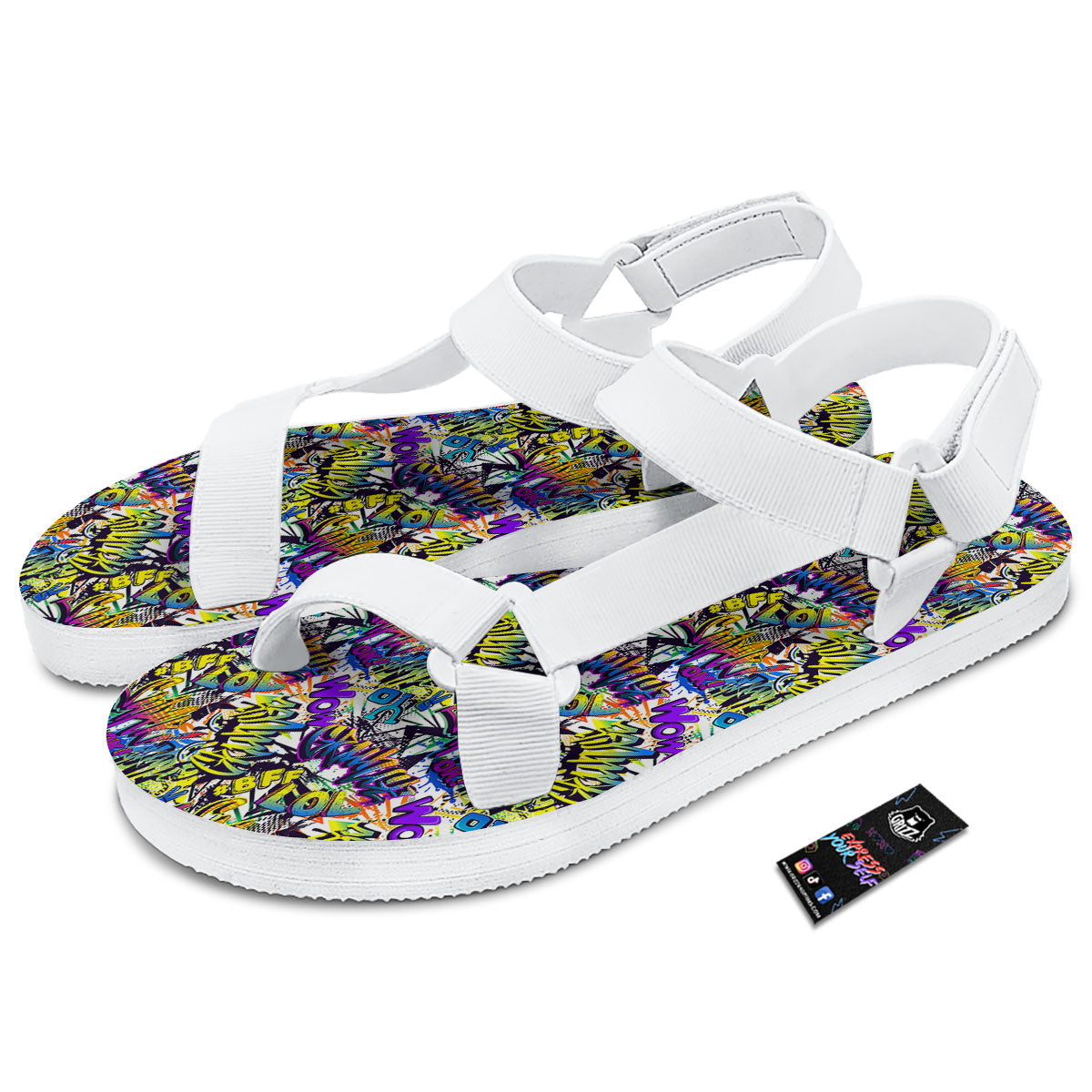 Graffiti Colorful Print Pattern White Open Toe Sandals-grizzshop