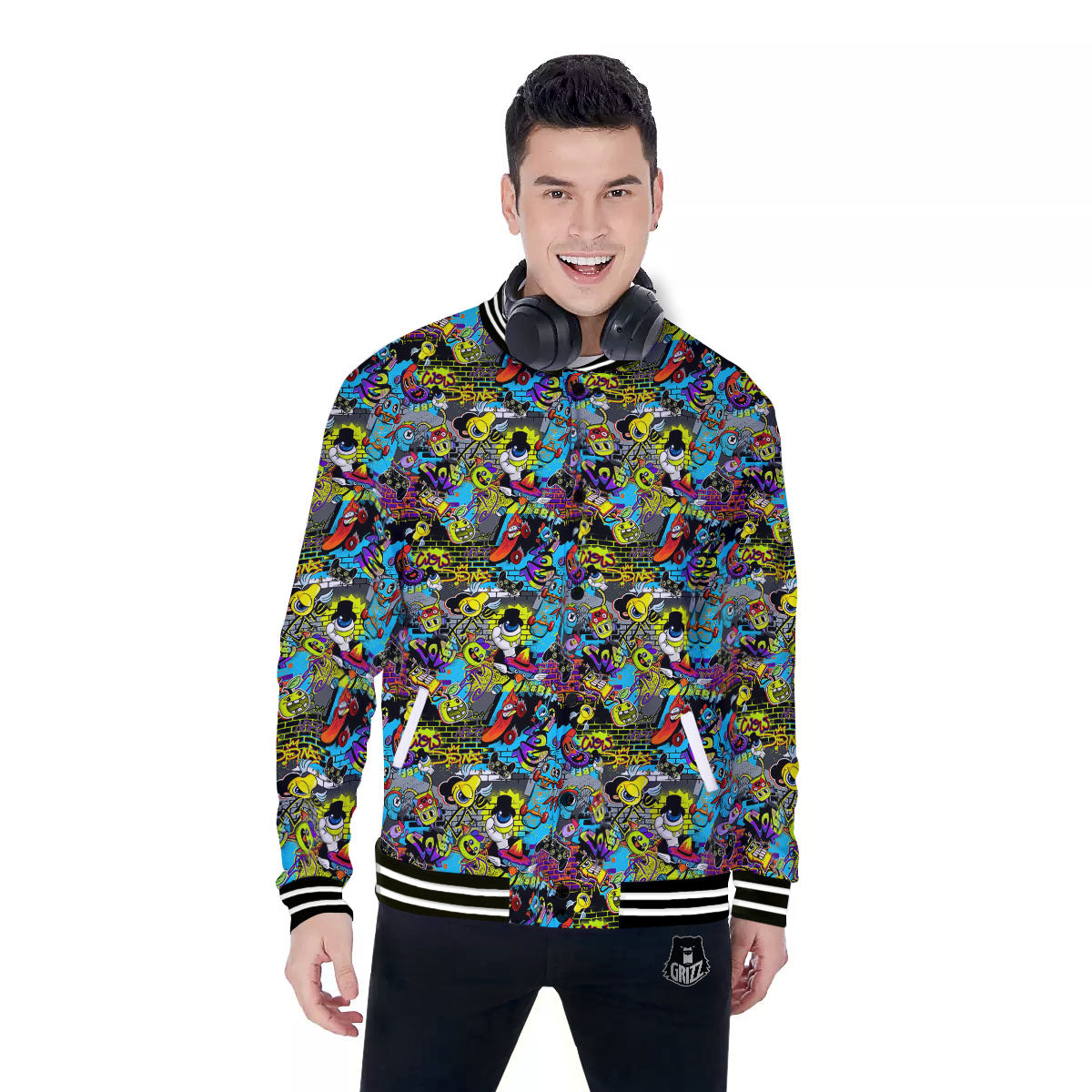 Graffiti Funky Print Pattern Baseball Jacket-grizzshop