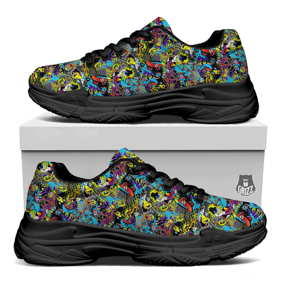 Graffiti Funky Print Pattern Black Chunky Shoes-grizzshop