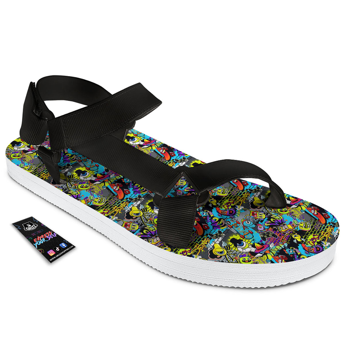 Graffiti Funky Print Pattern Black Open Toe Sandals-grizzshop