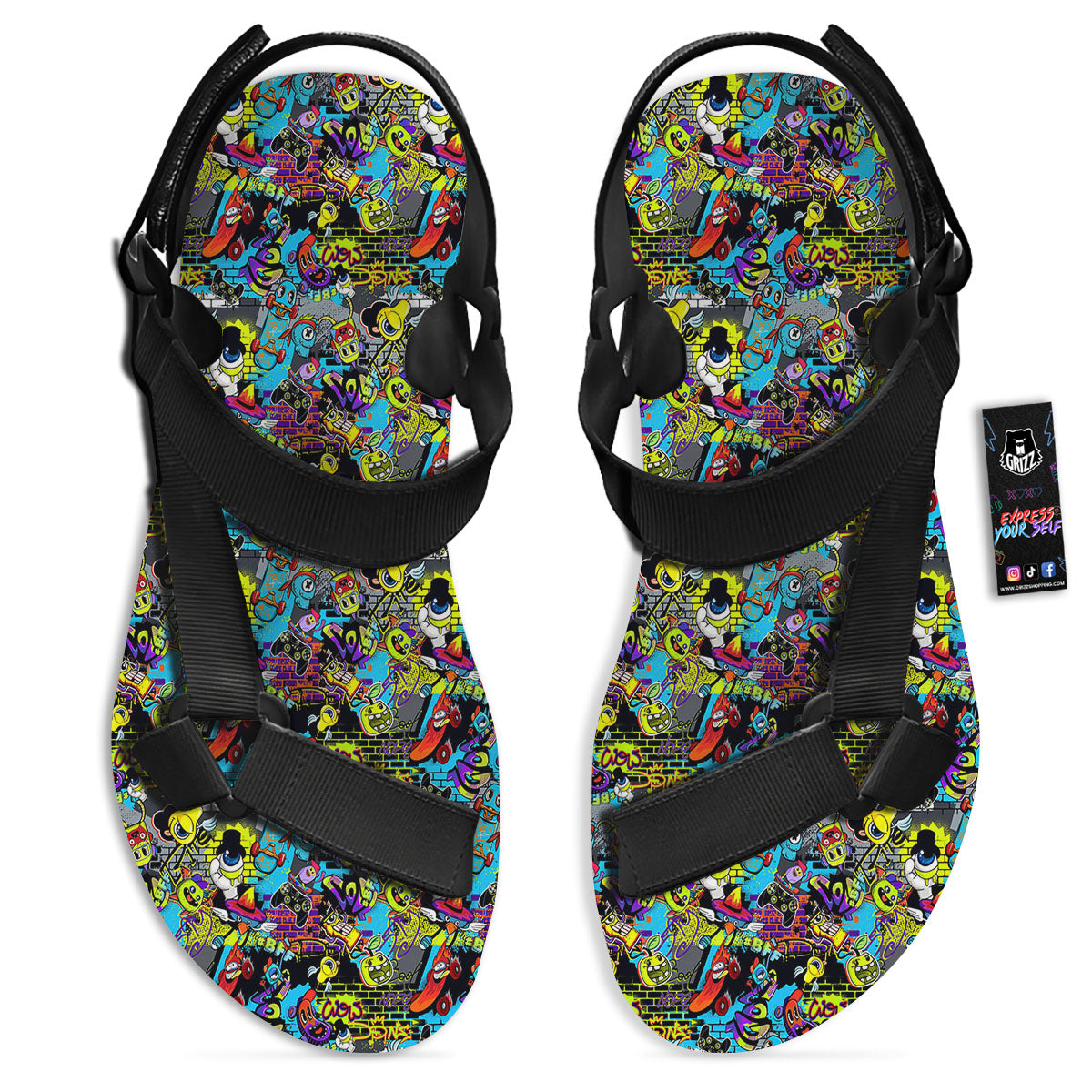 Graffiti Funky Print Pattern Black Open Toe Sandals-grizzshop