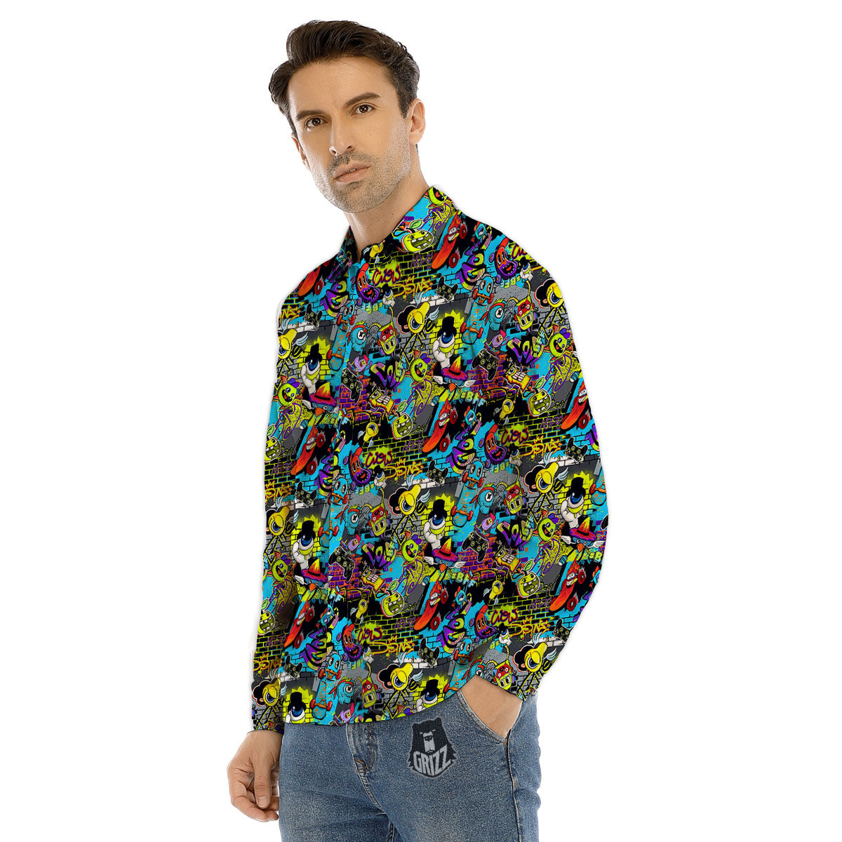 Graffiti Funky Print Pattern Men's Dress Shirts-grizzshop