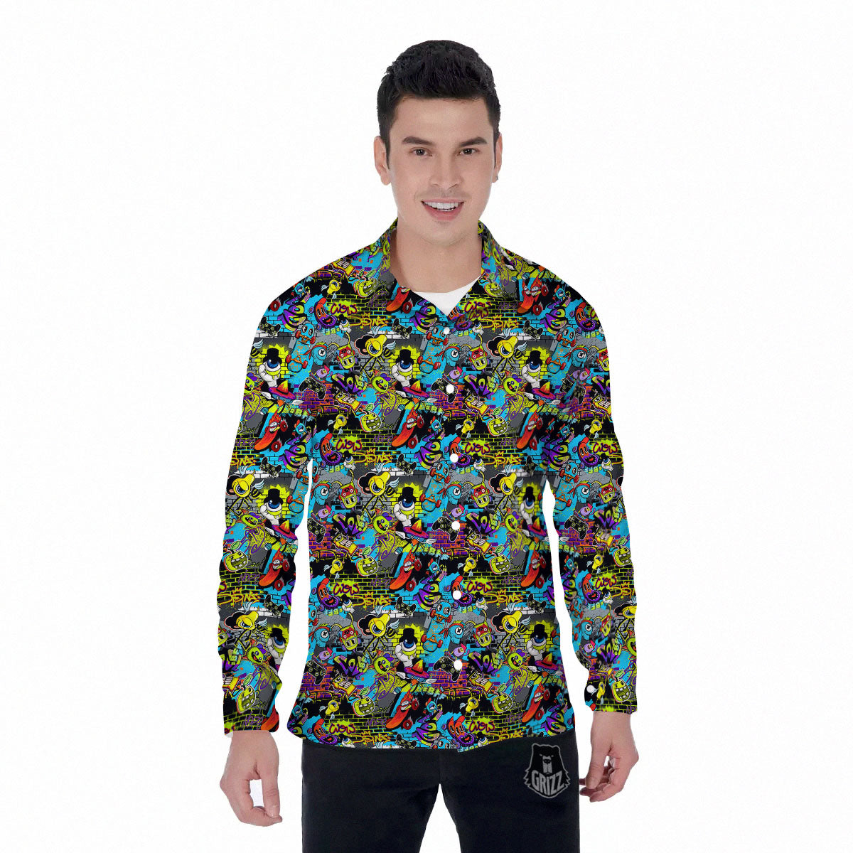 Graffiti Funky Print Pattern Men's Long Sleeve Shirts-grizzshop