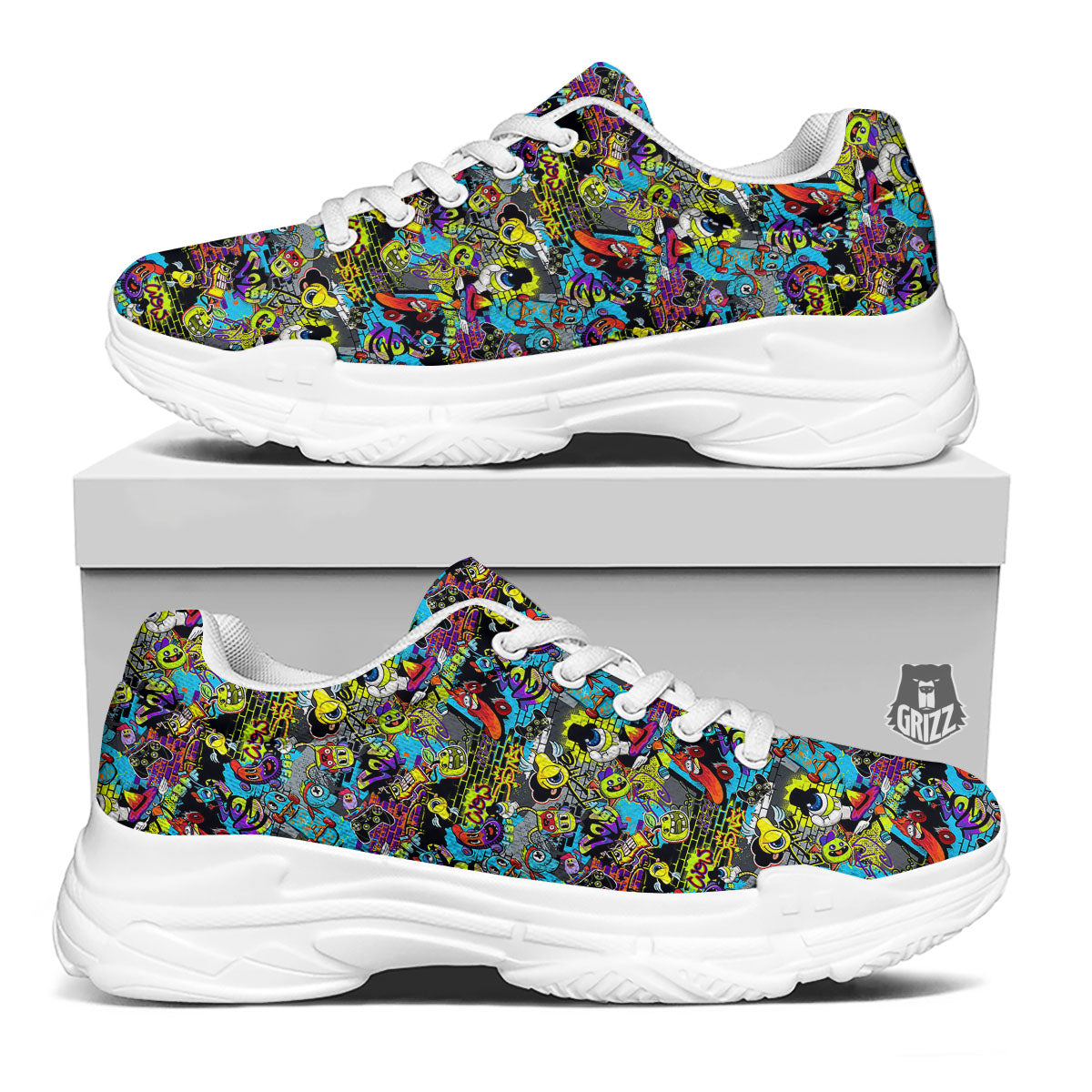 Graffiti Funky Print Pattern White Chunky Shoes-grizzshop