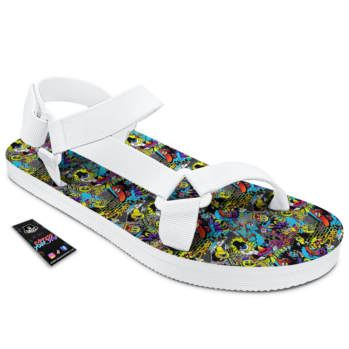 Graffiti Funky Print Pattern White Open Toe Sandals-grizzshop