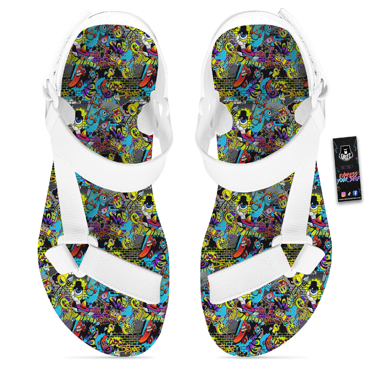 Graffiti Funky Print Pattern White Open Toe Sandals-grizzshop