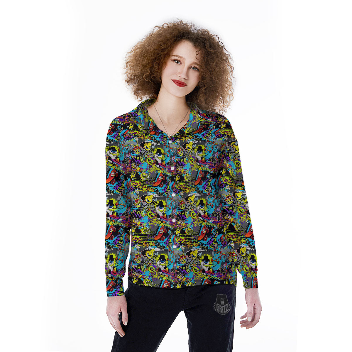 Graffiti Funky Print Pattern Women's Long Sleeve Shirts-grizzshop