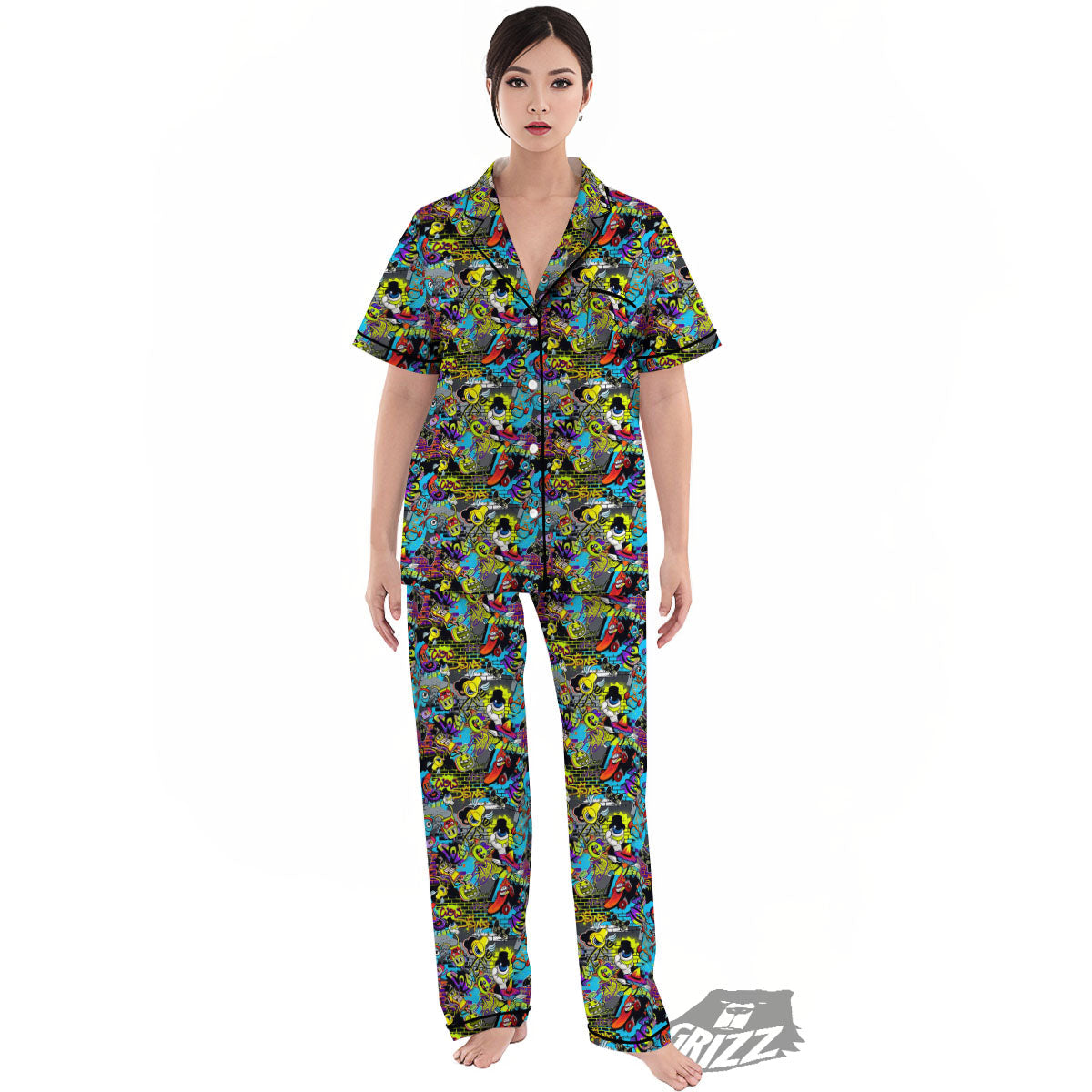 Graffiti Funky Print Pattern Women's Pajamas Set-grizzshop