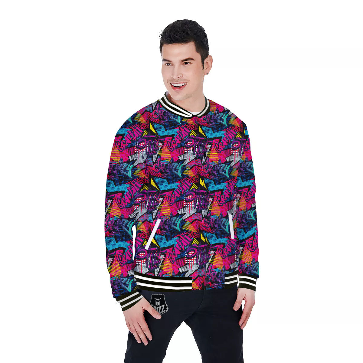 Graffiti Grunge Print Pattern Baseball Jacket-grizzshop