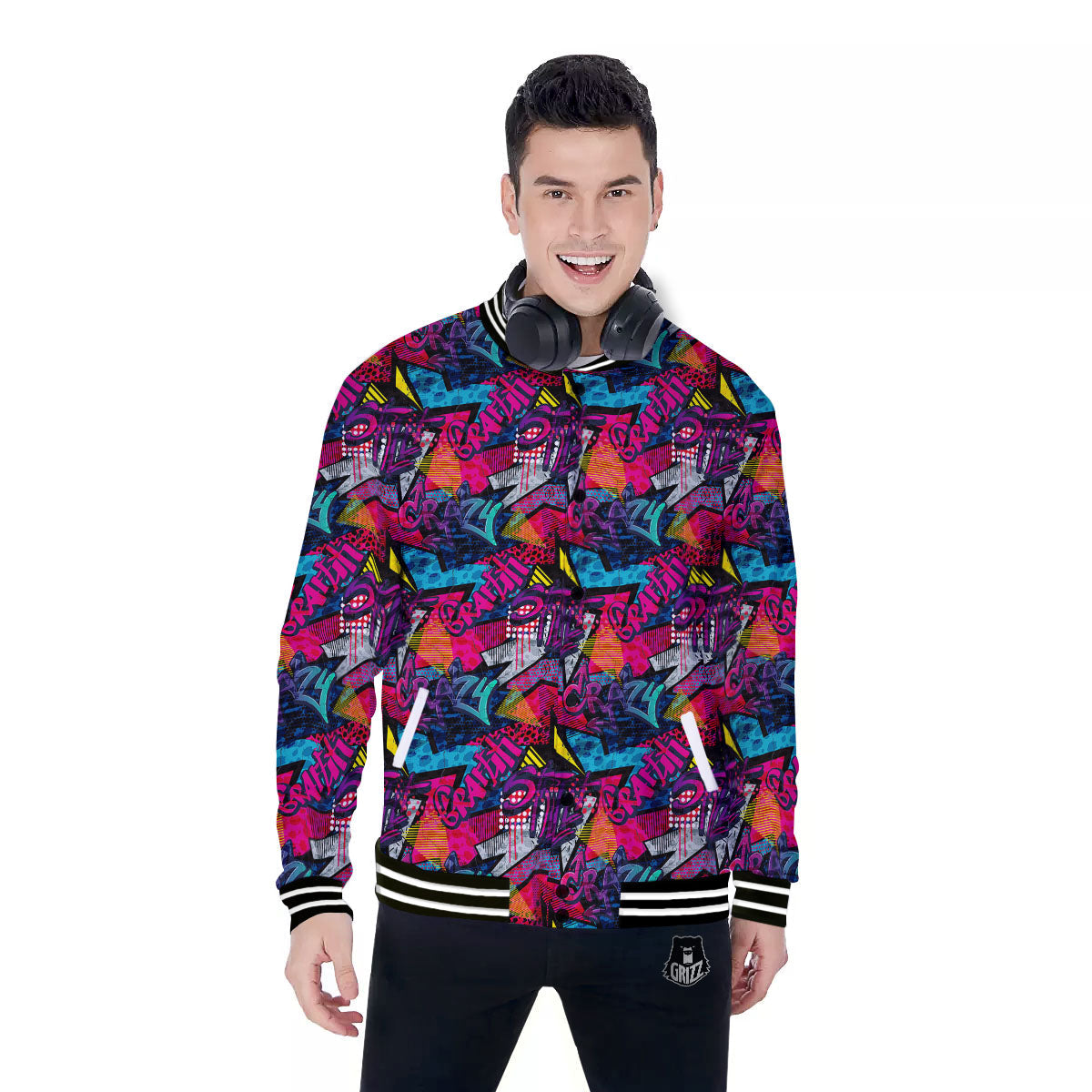 Graffiti Grunge Print Pattern Baseball Jacket-grizzshop