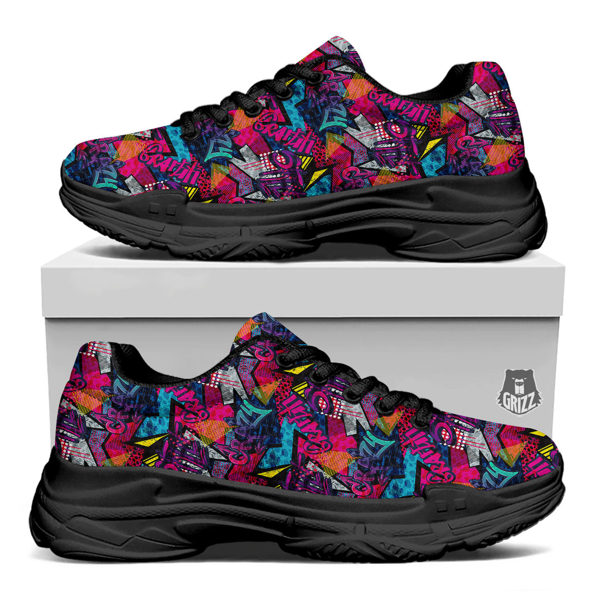 Graffiti Grunge Print Pattern Black Chunky Shoes-grizzshop