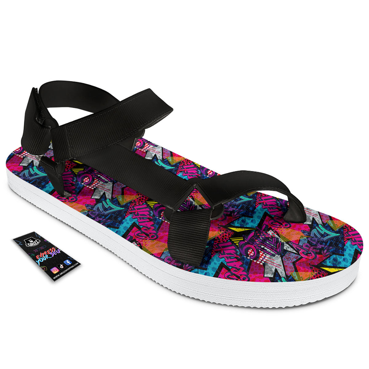 Graffiti Grunge Print Pattern Black Open Toe Sandals-grizzshop