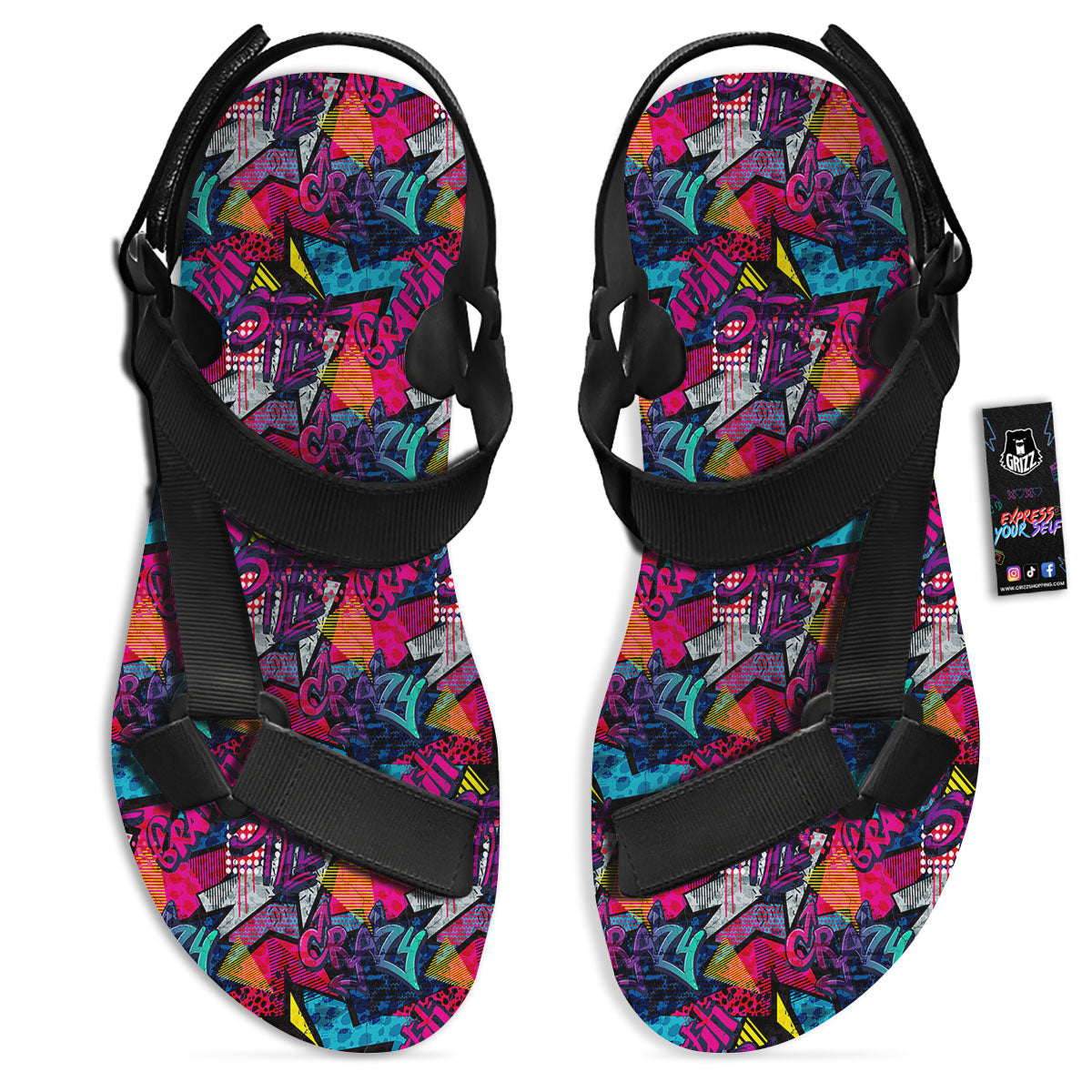 Graffiti Grunge Print Pattern Black Open Toe Sandals-grizzshop