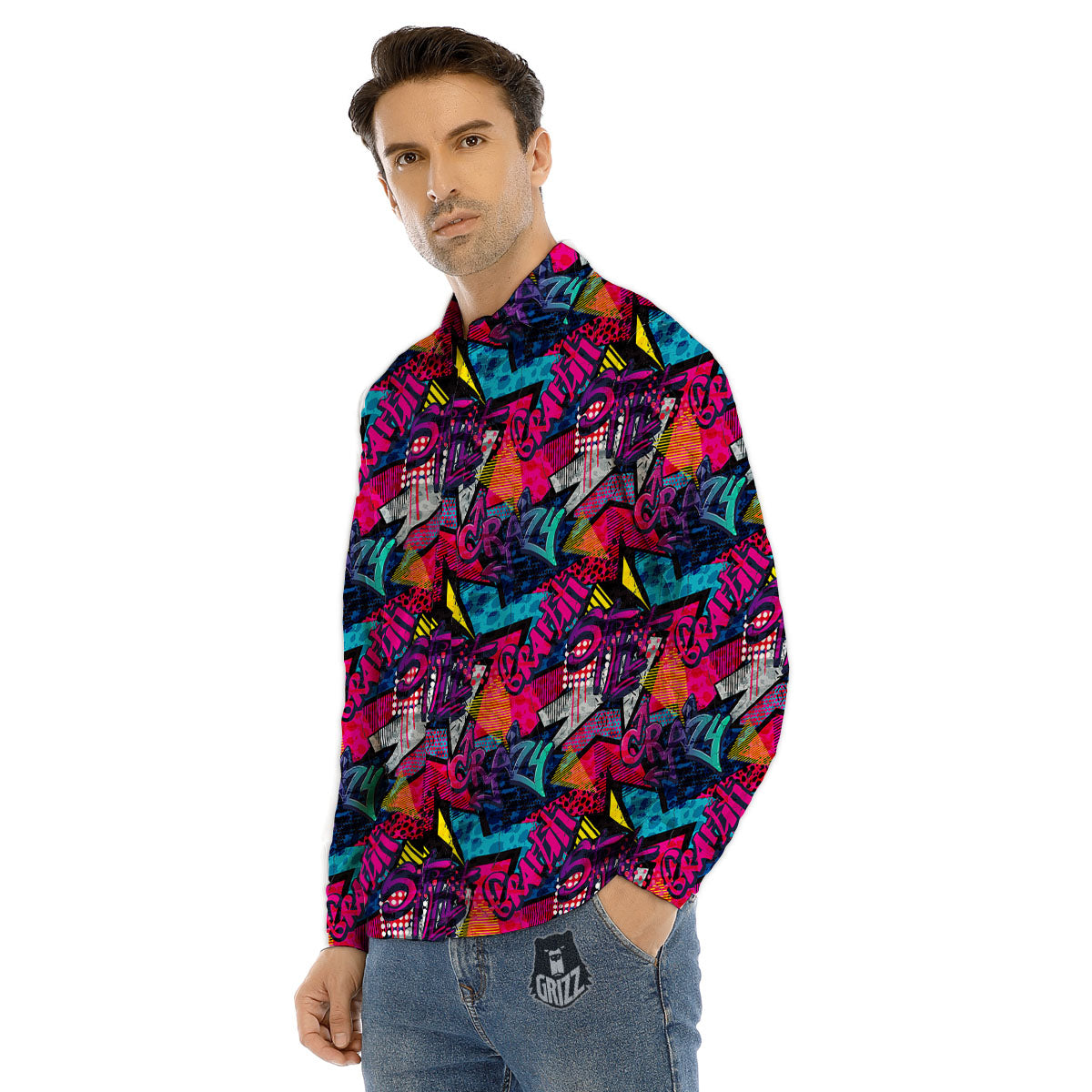 Graffiti Grunge Print Pattern Men's Dress Shirts-grizzshop