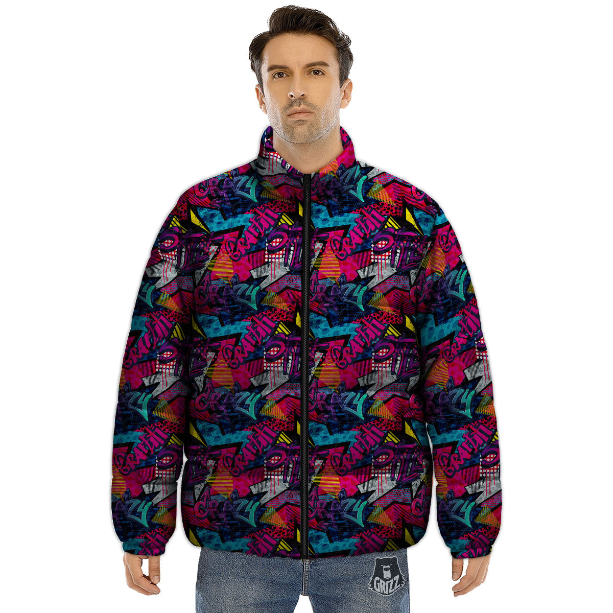 Graffiti Grunge Print Pattern Puffer Jacket-grizzshop