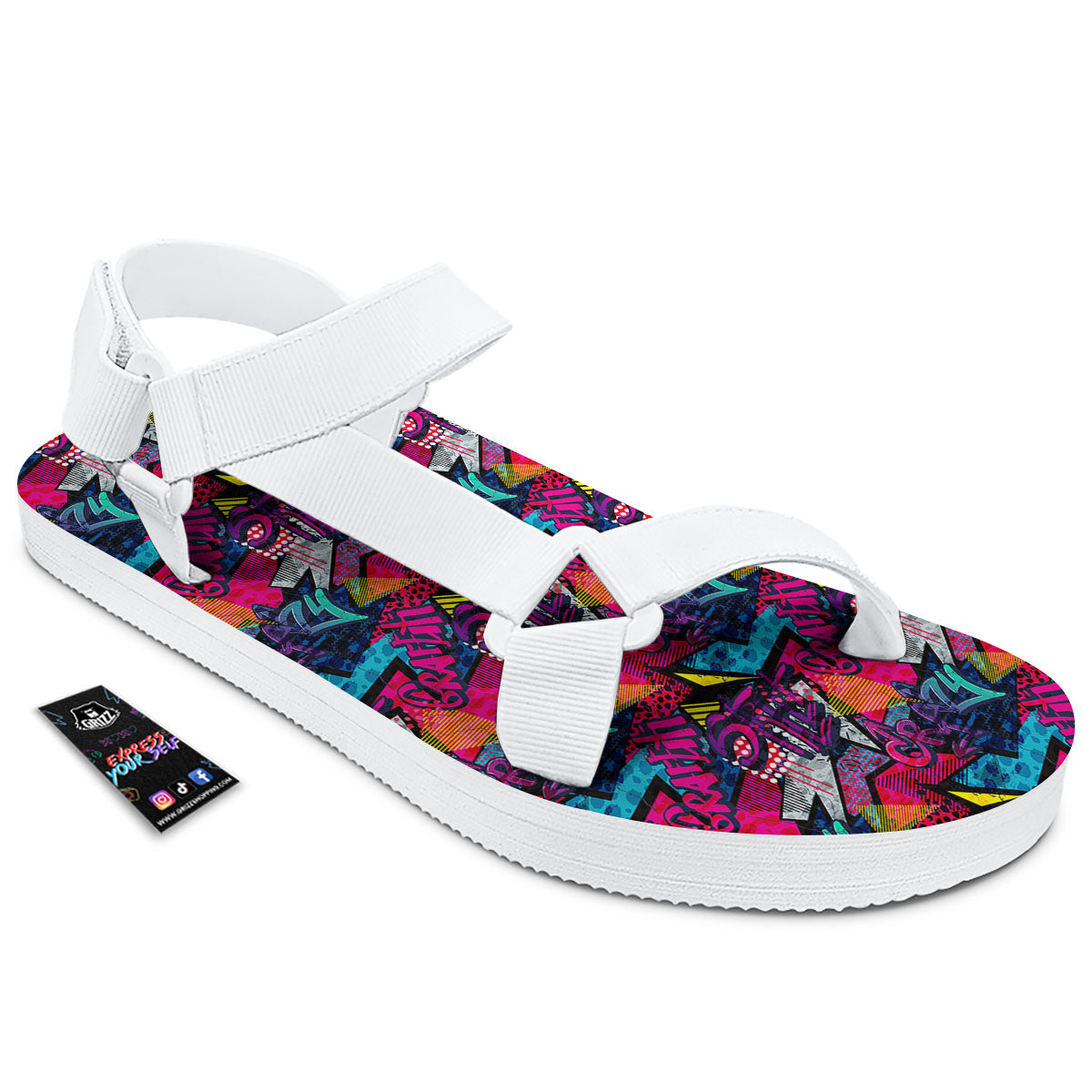 Graffiti Grunge Print Pattern White Open Toe Sandals-grizzshop