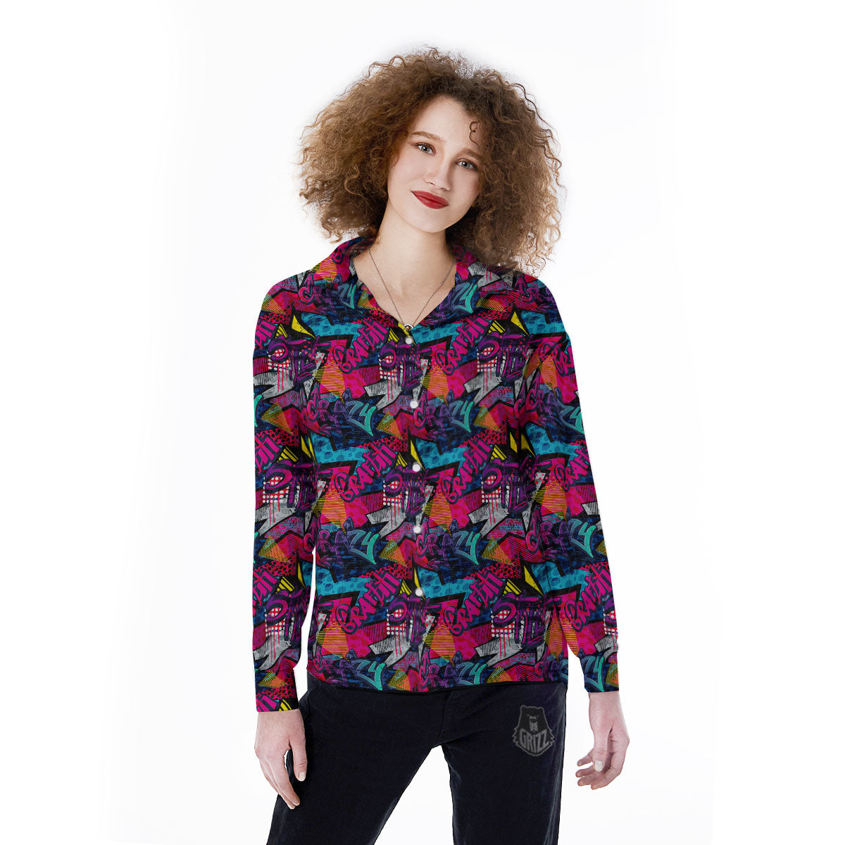 Graffiti Grunge Print Pattern Women's Long Sleeve Shirts-grizzshop