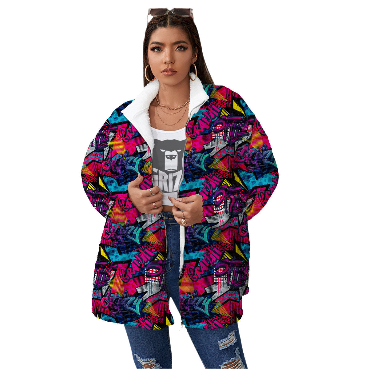 Graffiti Grunge Print Pattern Women's Sherpa Jacket-grizzshop