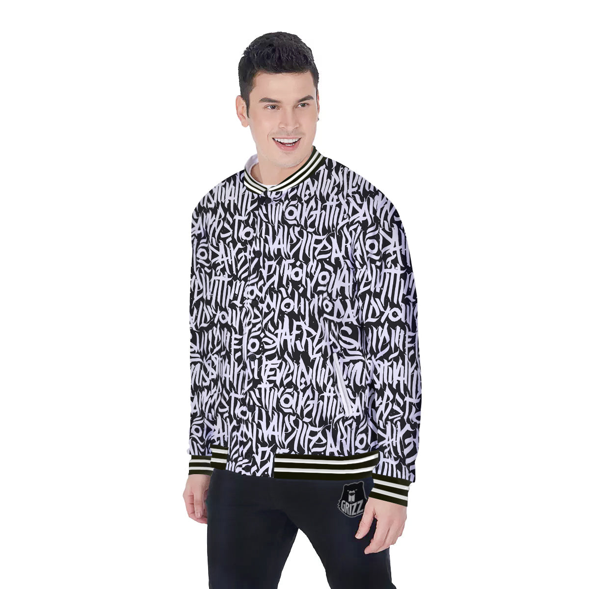 Graffiti Grunge White Text Abstract Print Baseball Jacket-grizzshop