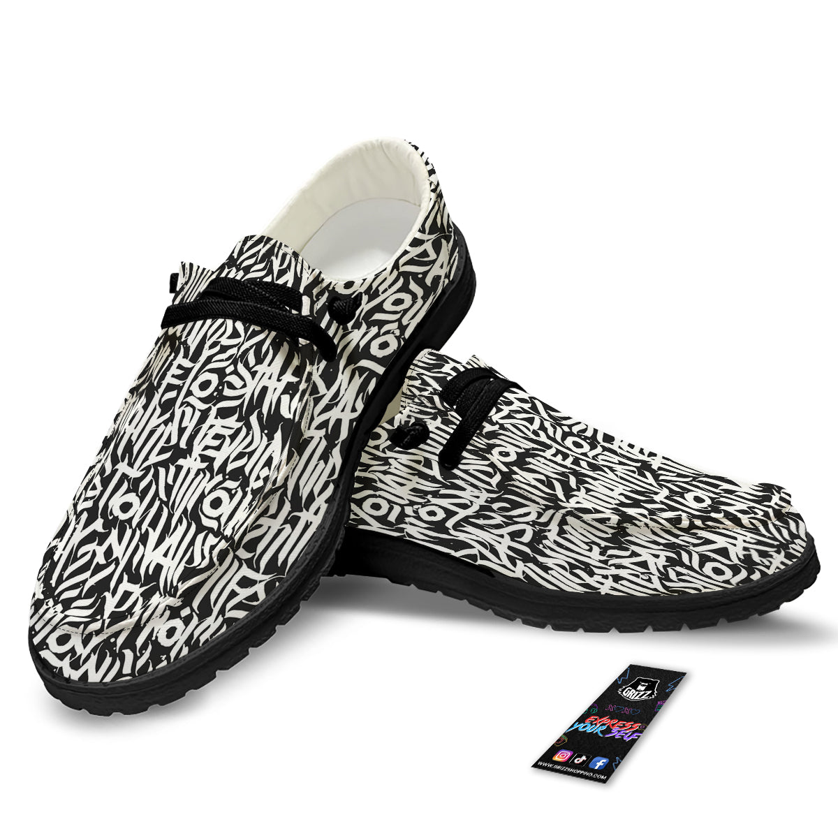 Graffiti Grunge White Text Abstract Print Black Loafers-grizzshop