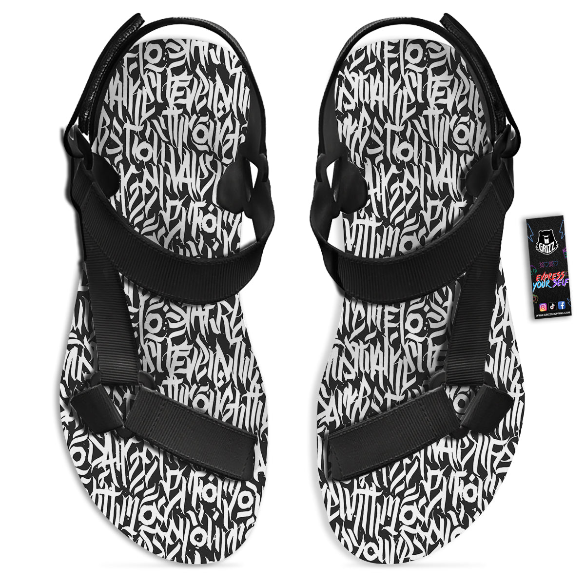 Graffiti Grunge White Text Abstract Print Black Open Toe Sandals-grizzshop