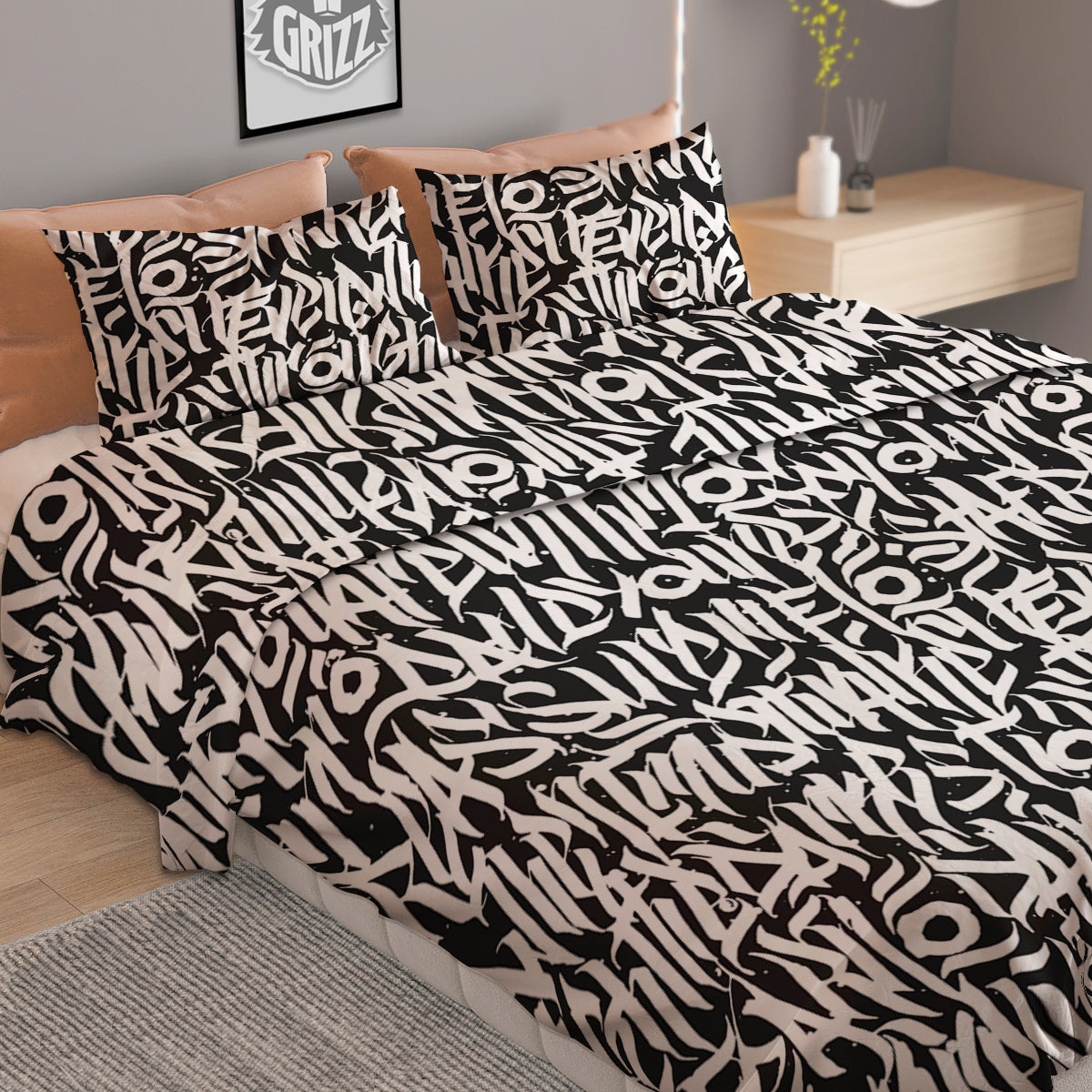 Graffiti Grunge White Text Abstract Print Duvet Cover Bedding Set