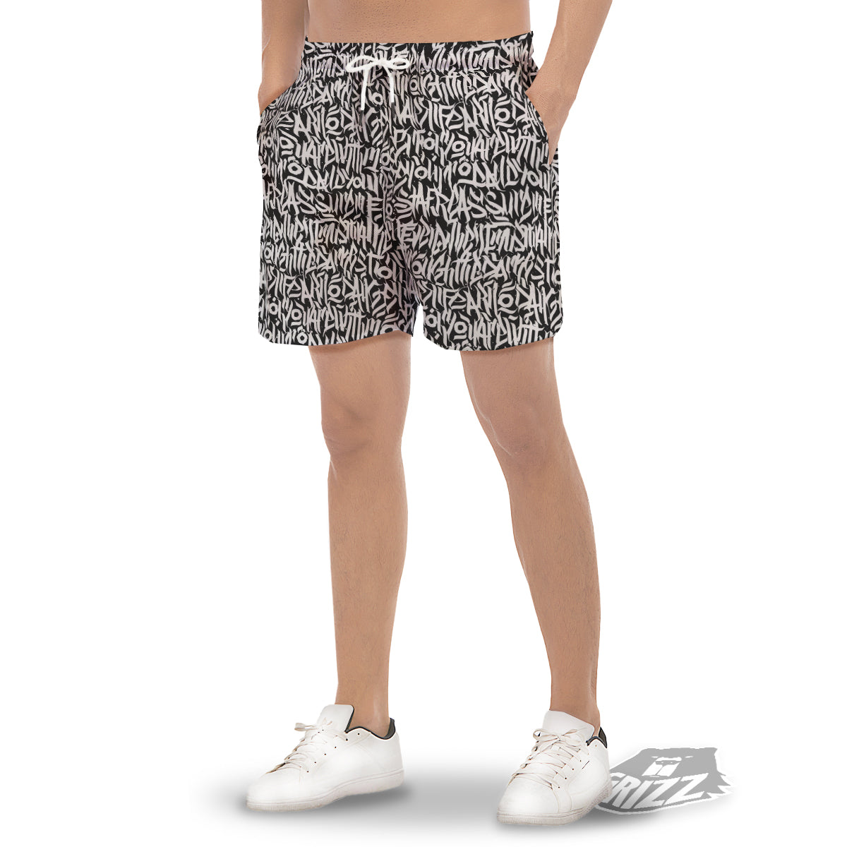 Graffiti Grunge White Text Abstract Print Men's Gym Shorts-grizzshop