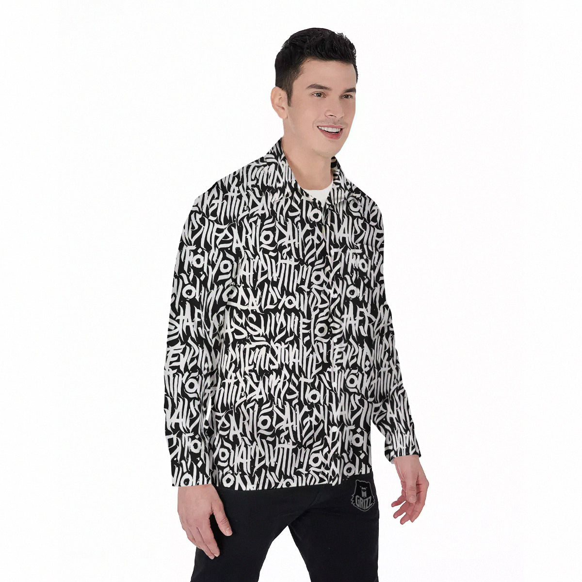 Graffiti Grunge White Text Abstract Print Men's Long Sleeve Shirts-grizzshop