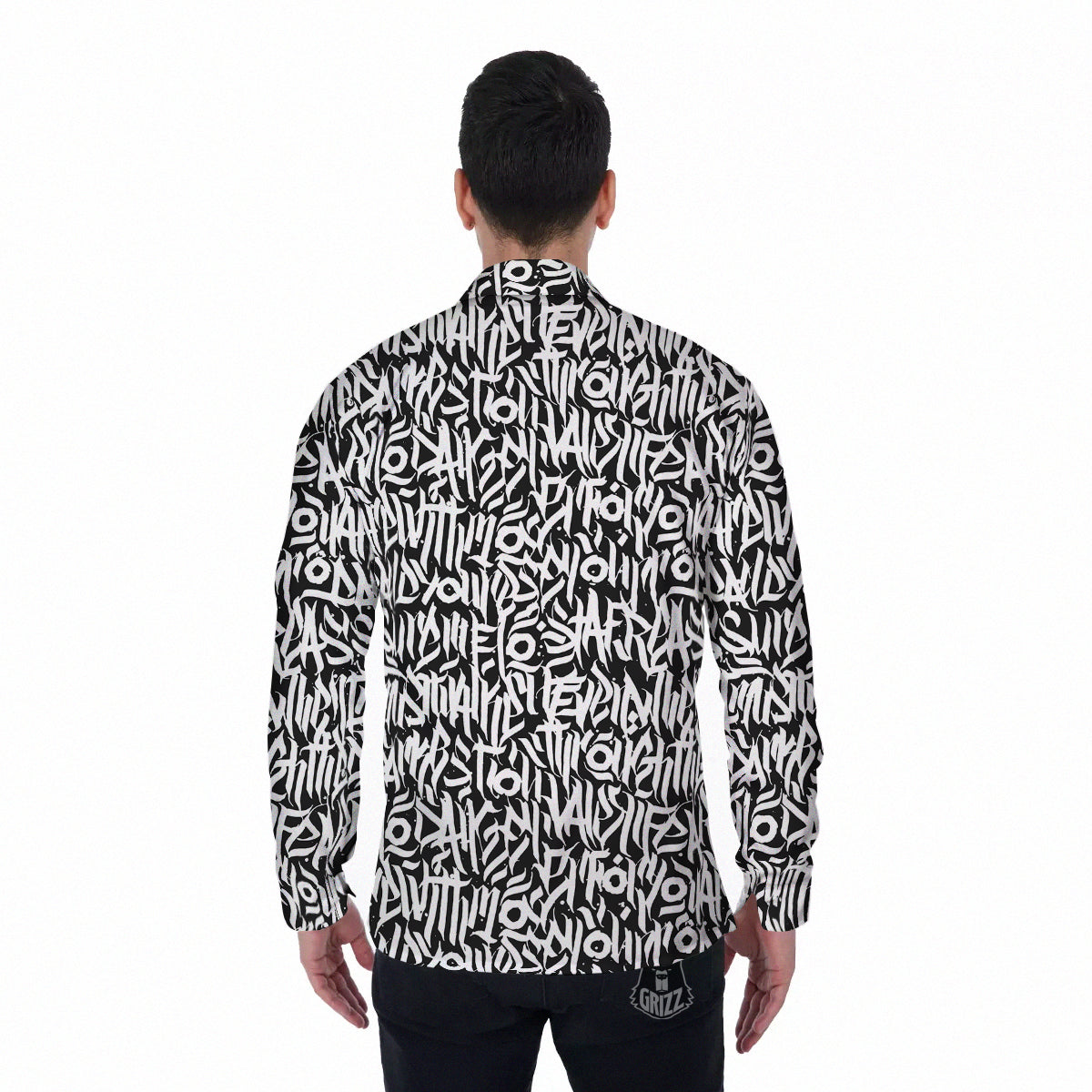 Graffiti Grunge White Text Abstract Print Men's Long Sleeve Shirts-grizzshop