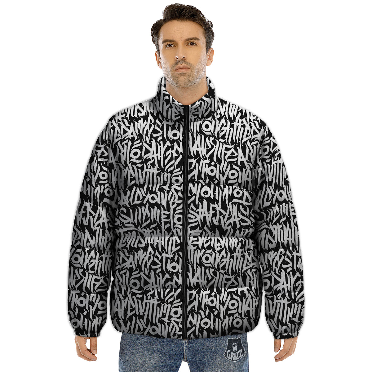 Graffiti Grunge White Text Abstract Print Puffer Jacket-grizzshop