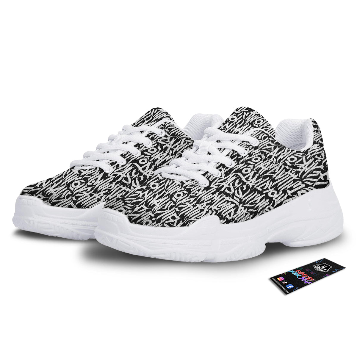 Graffiti Grunge White Text Abstract Print White Chunky Shoes-grizzshop