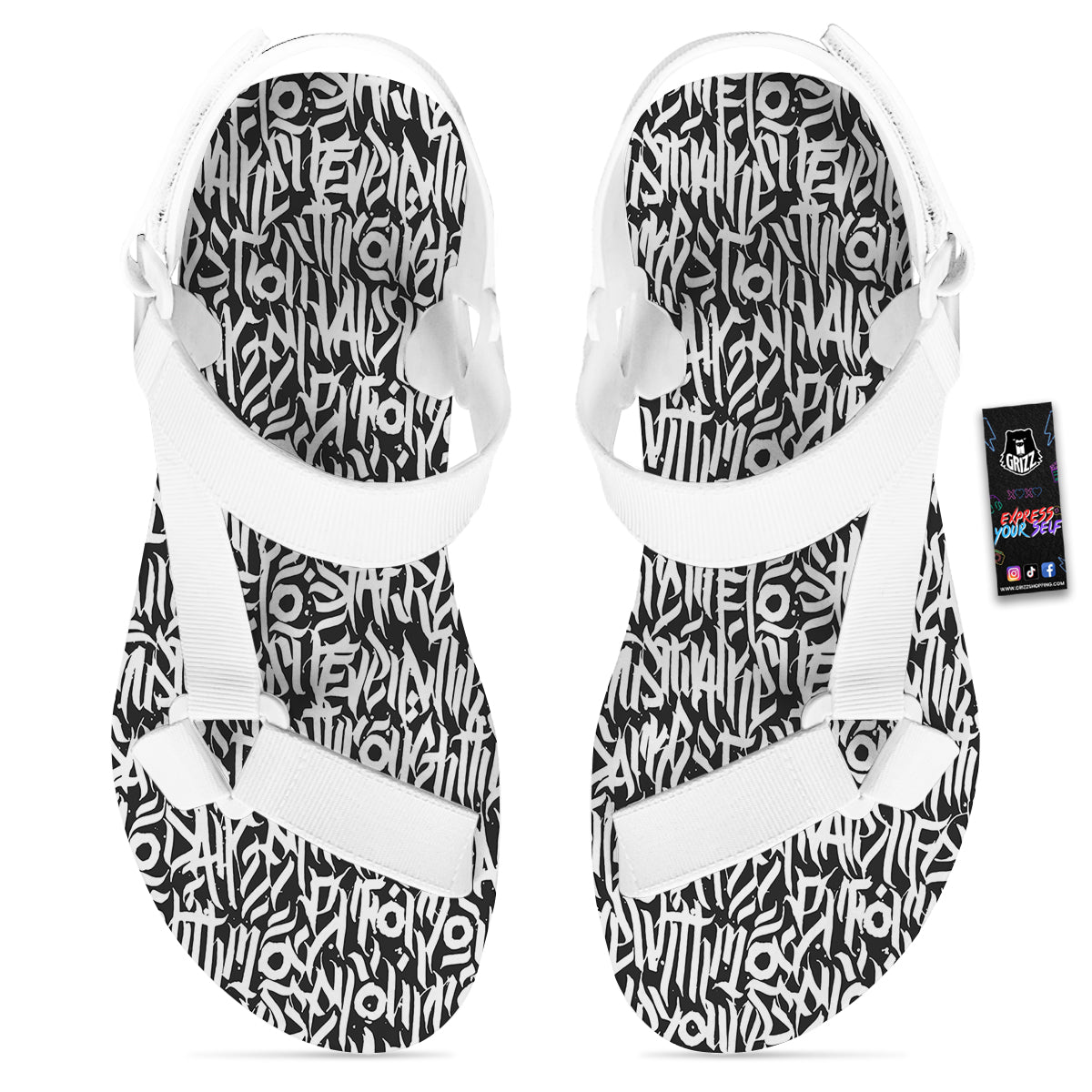 Graffiti Grunge White Text Abstract Print White Open Toe Sandals-grizzshop