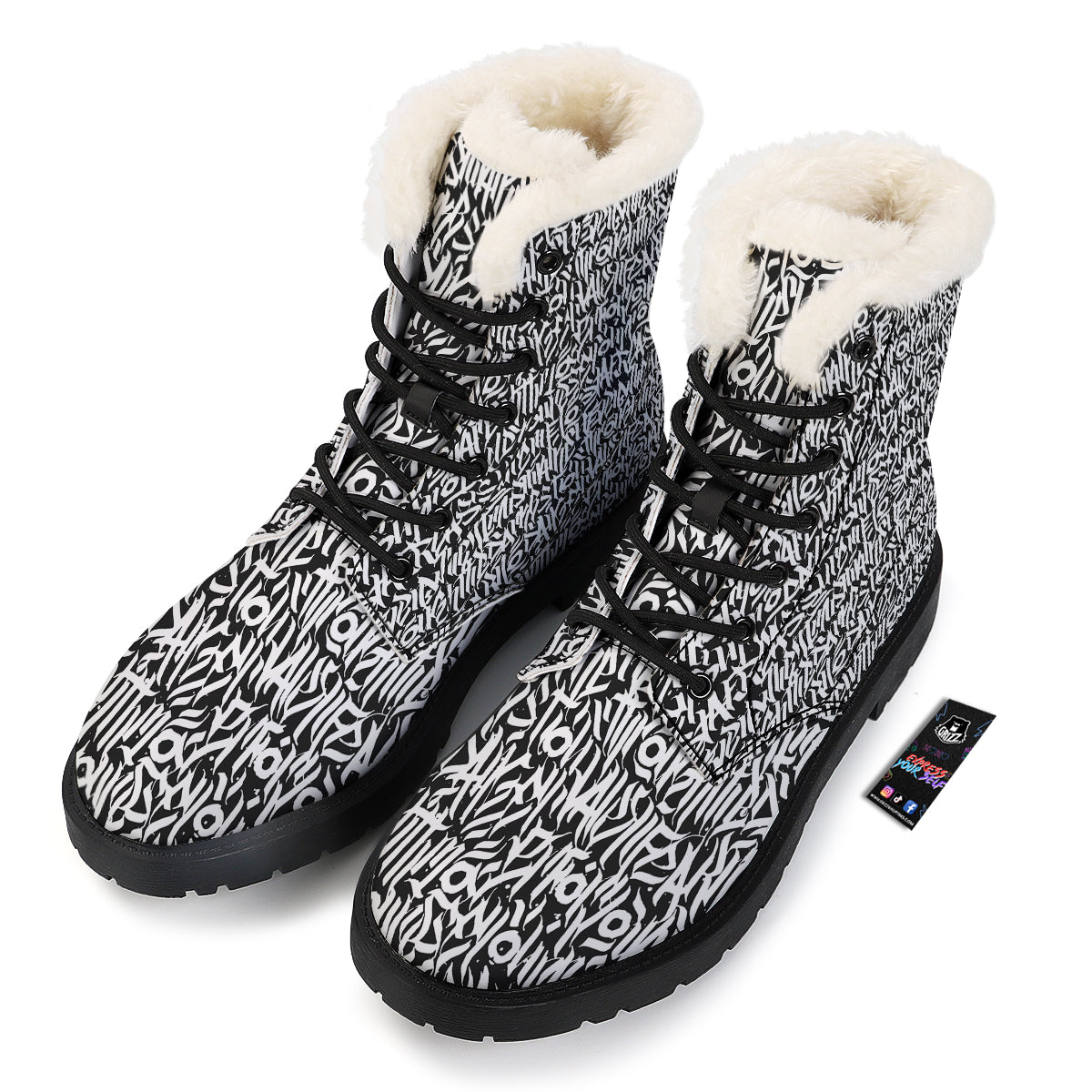 Graffiti Grunge White Text Abstract Print Winter Boots-grizzshop