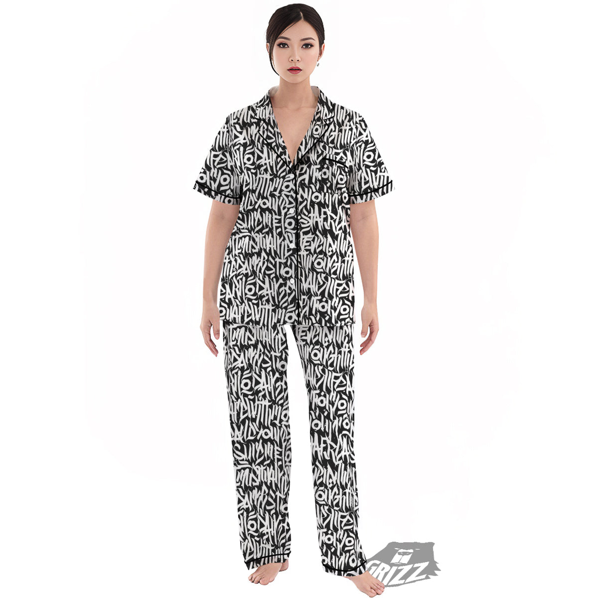 Graffiti Grunge White Text Abstract Print Women's Pajamas Set-grizzshop