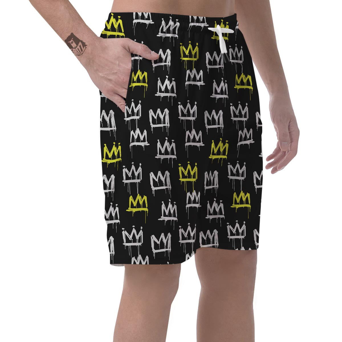 Graffiti Hiphop White And Yellow Crown Print Men's Shorts-grizzshop