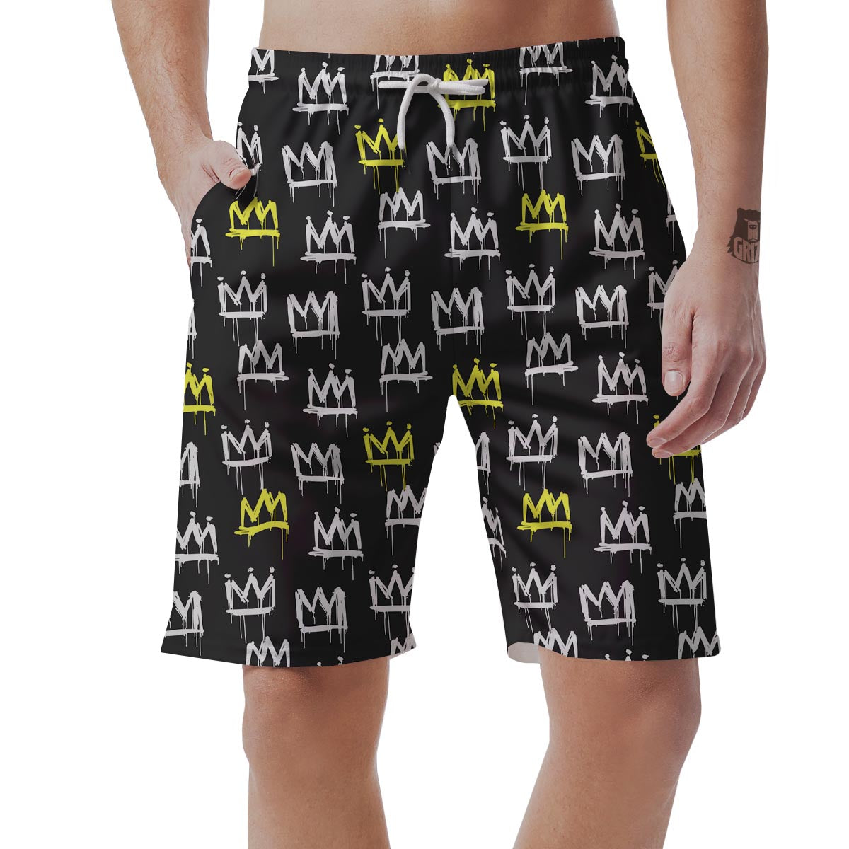 Graffiti Hiphop White And Yellow Crown Print Men's Shorts-grizzshop