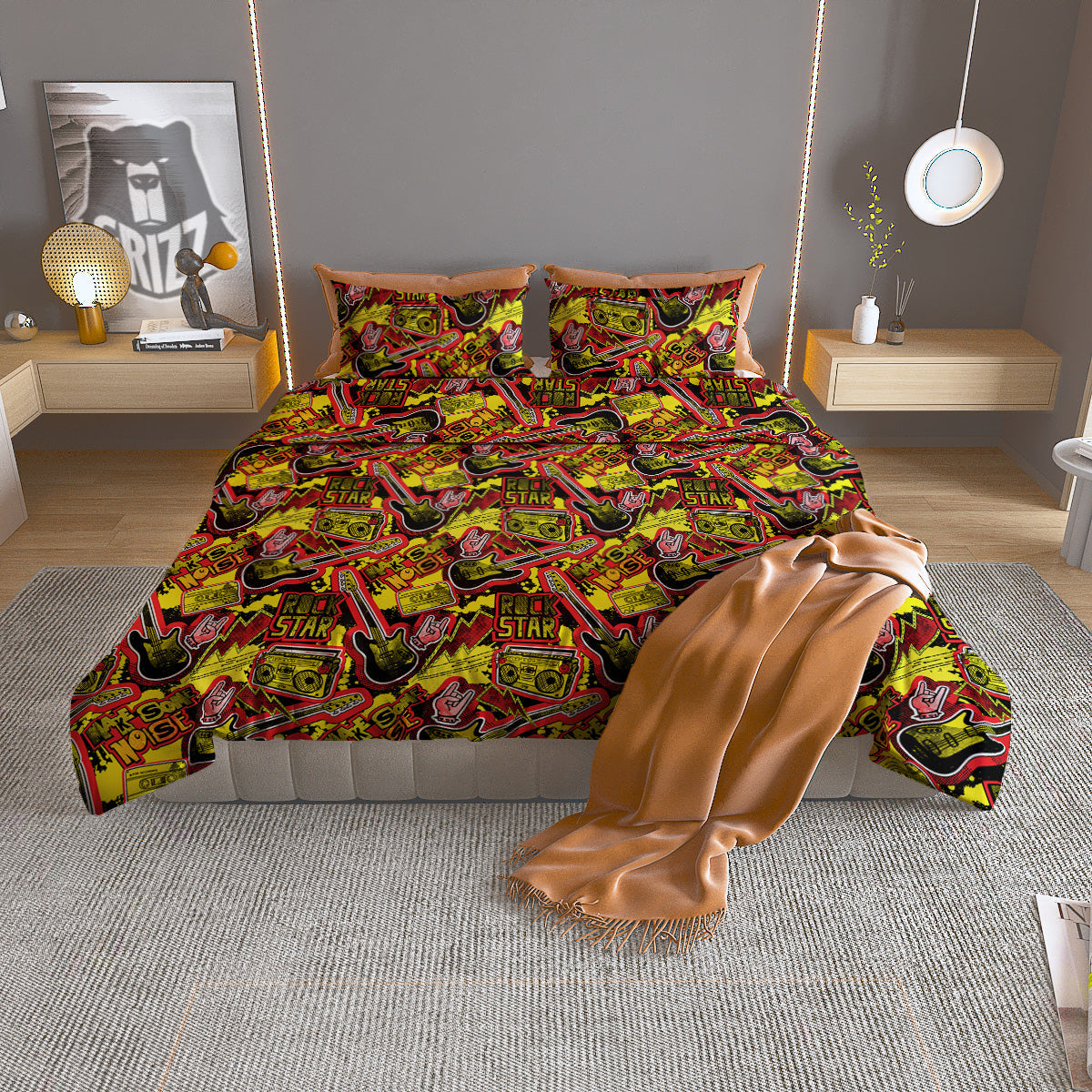 Graffiti Music Rock Star Print Pattern Duvet Cover Bedding Set