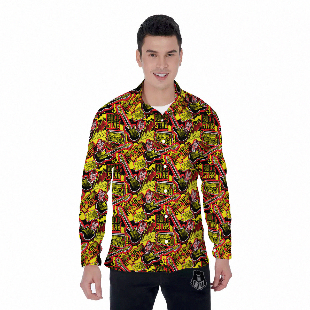 Graffiti Music Rock Star Print Pattern Men's Long Sleeve Shirts-grizzshop