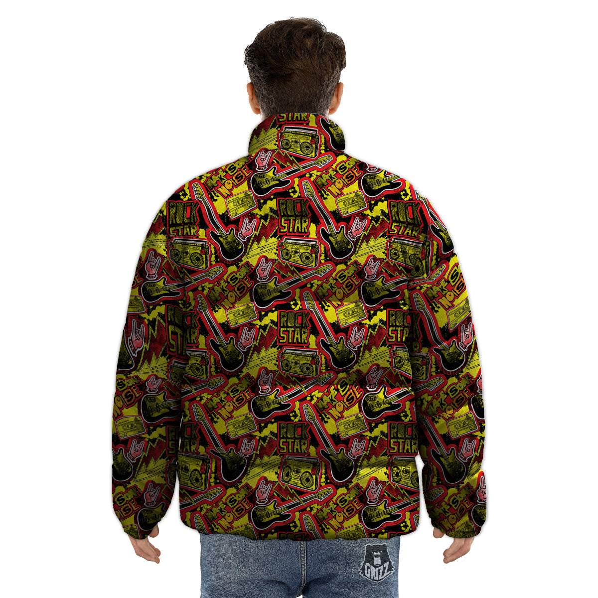 Graffiti Music Rock Star Print Pattern Puffer Jacket-grizzshop