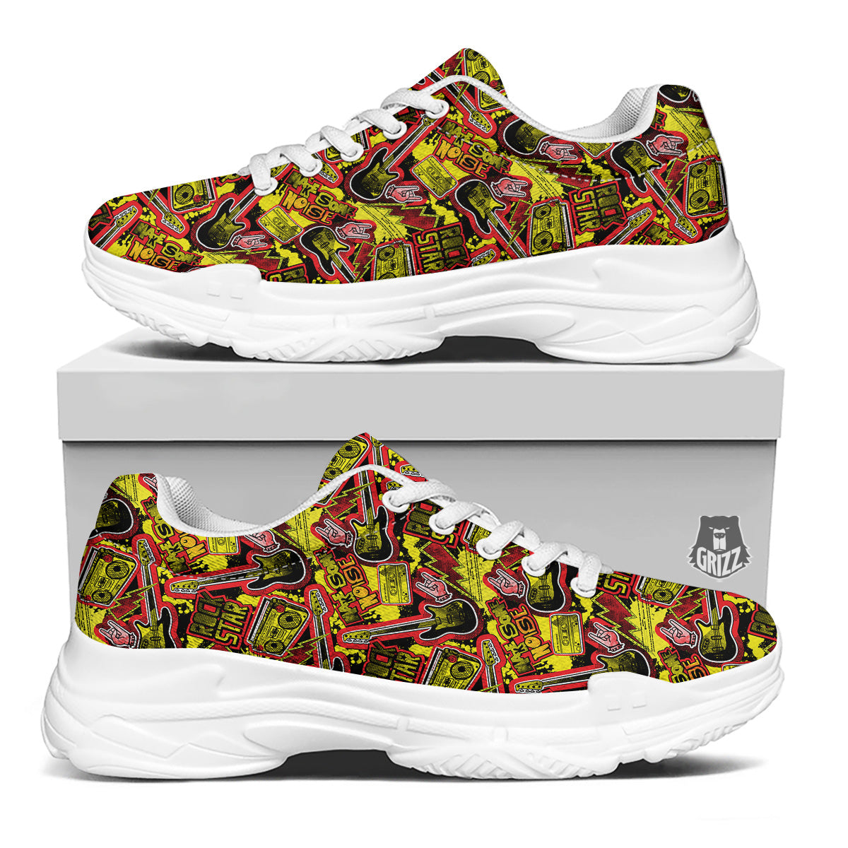 Graffiti Music Rock Star Print Pattern White Chunky Shoes-grizzshop